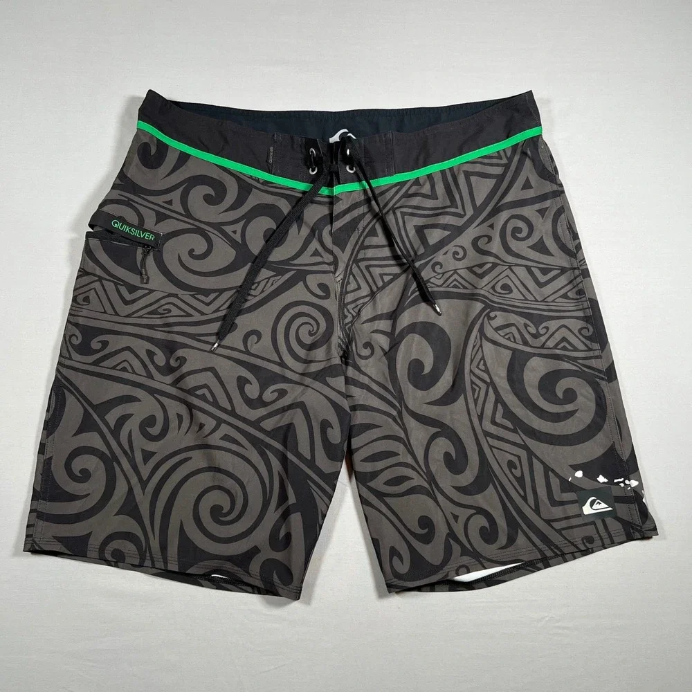 Quiksilver Hawaii Tribal Board Shorts Charcoal Black Green Size 38 XL Surf Swim